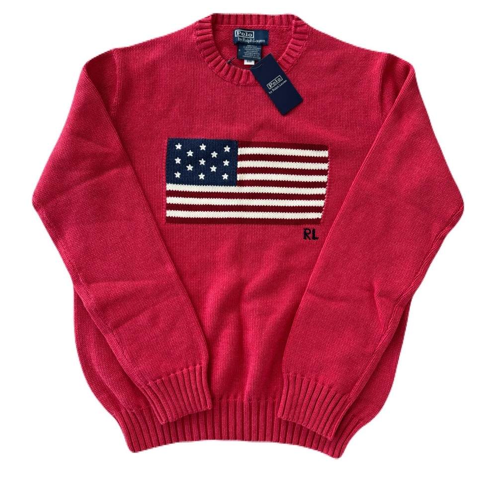 NWT Unisex Ralph Lauren Red Crewneck Sweater with American Flag Size M - Picture 2 of 7